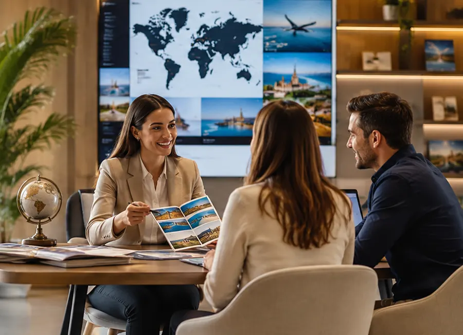 Profesionales del turismo analizando oportunidades de viaje en una reunión comercial
